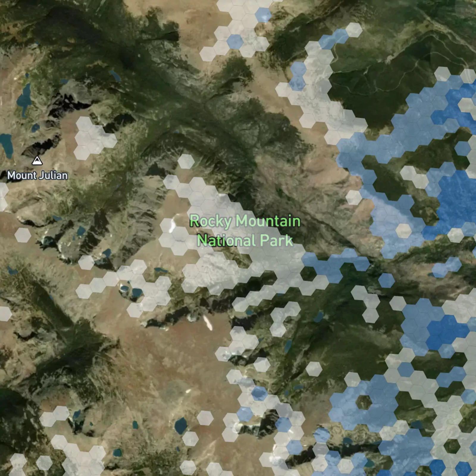 Satellite view of Rocky Mountain National Park with AT&T coverage overlay